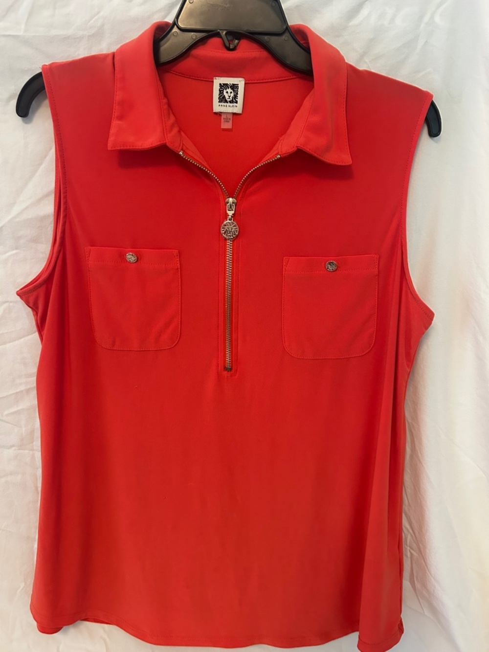 Anne Klein Bright Red Sleeveless Polo Zip Tank with Chest Pockets